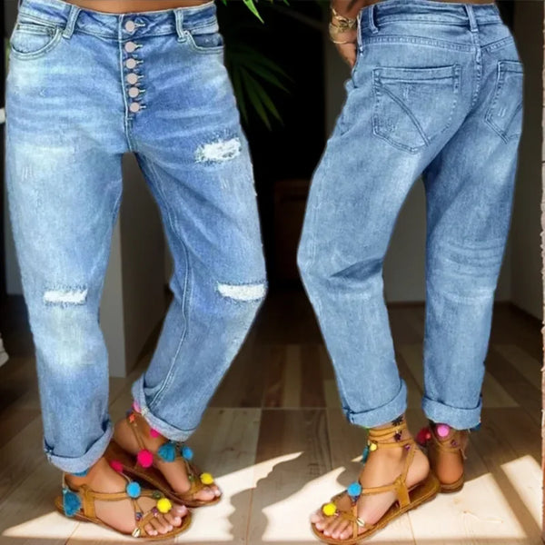 Ripped Jeans for Women High Waist Mom Flare Denim Trousers